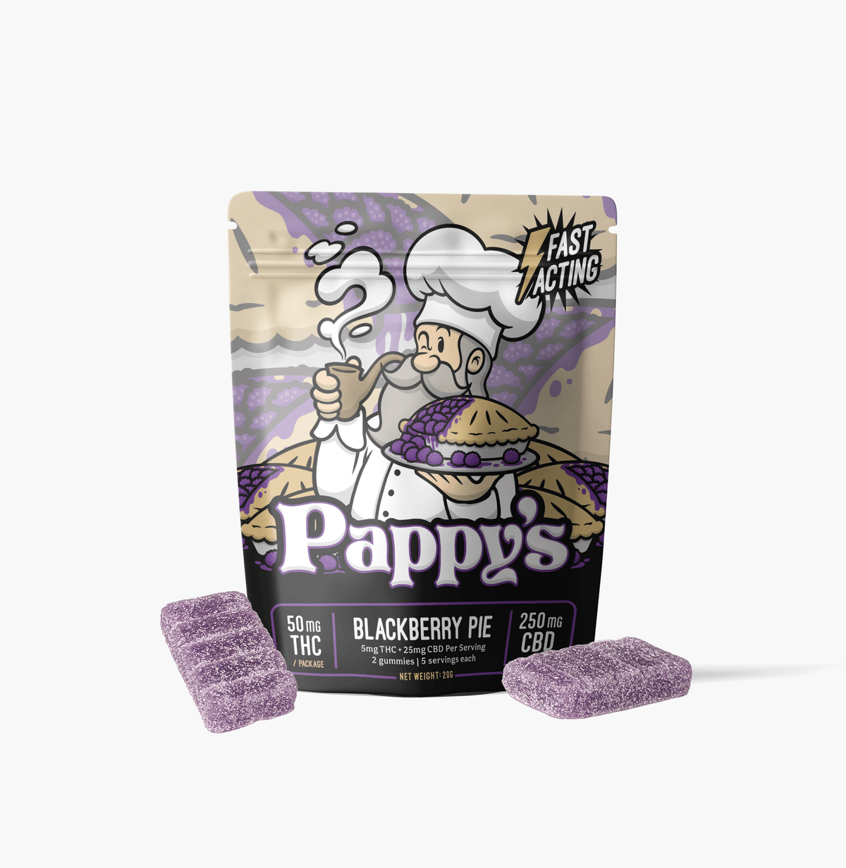 Pappy’s Blackberry Pie THC gummy bag with purple gummies displayed in front