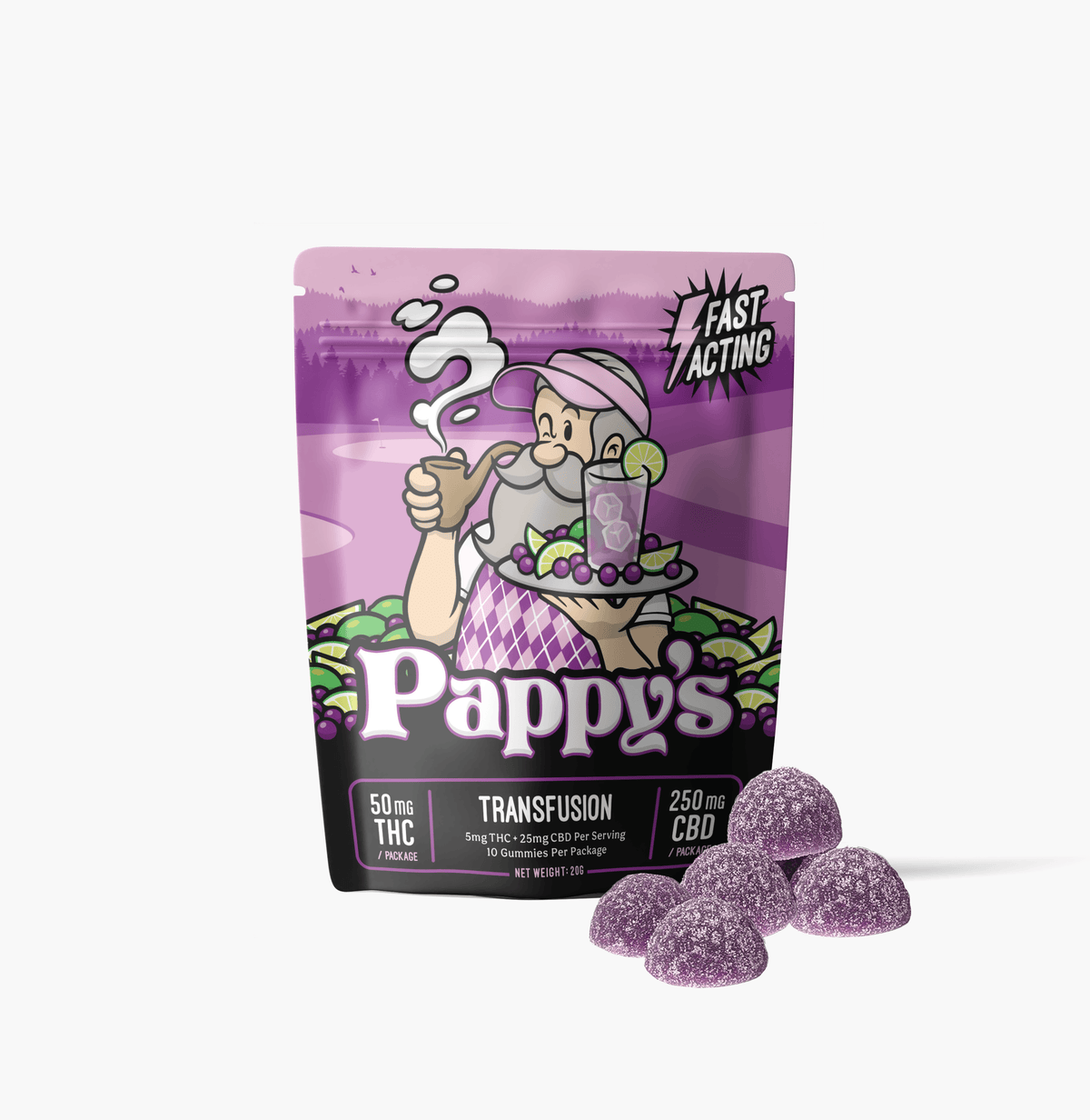 Pappy’s Transfusion THC gummy bag with purple gummies displayed in front
