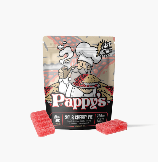 Pappy’s Sour Cherry Pie THC gummy bag with red gummies displayed in front